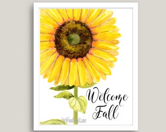 8 x 10 Welcome Fall Sunflower watercolor downloadable print