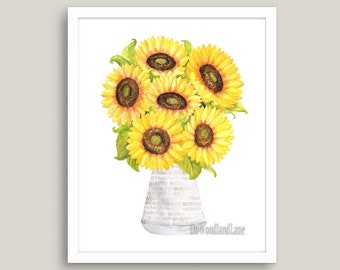 16 x 20 Sunflowers in white vase watercolor downloadable print