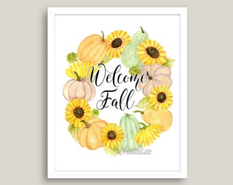 5 x 7 - Sunflower and pumpkin wreath digital printable.  Fall watercolor that includes script saying Welcome Fall.