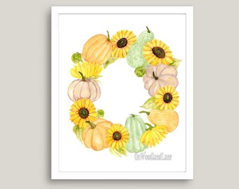 5 x 7 - Sunflower and pumpkin wreath digital printable.  Lovely fall watercolor that can be used as wall art in a variety of rooms.