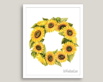 16 x 20 - Sunflower wreath digital printable.  Lovely watercolor that can be used as wall art in a variety of room.