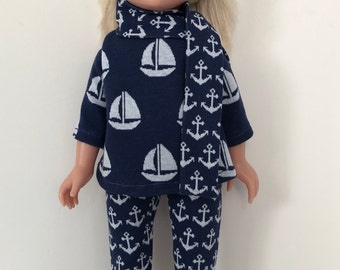 Handmade Blue Nautical Print Three Piece Doll Outfit for 18"/45cm Doll