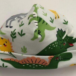 May include: A light gray baby beanie hat with a colorful dinosaur pattern. The hat features various dinosaurs in green, yellow, and orange, along with green foliage. The brim is folded up, and the hat is made of soft fabric.
