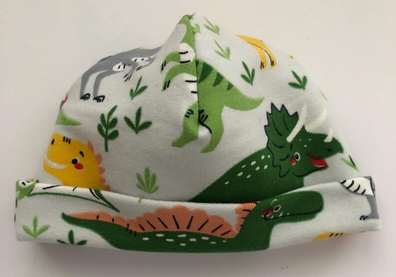 May include: A light gray baby beanie hat with a colorful dinosaur pattern. The hat features various dinosaurs in green, yellow, and orange, along with green foliage. The brim is folded up, and the hat is made of soft fabric.