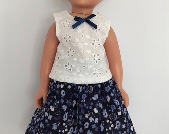 Handmade Navy Blue & White Three Piece Doll Outfit for 18"/45cm Doll