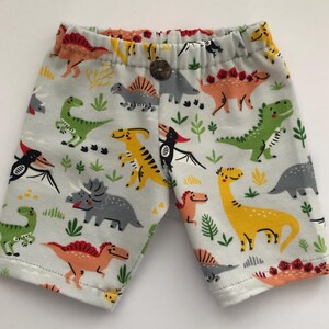 May include: Light gray shorts with an all-over dinosaur print in various colors. The dinosaurs are orange, yellow, green, and gray. The shorts have an elastic waistband with a wooden button closure.