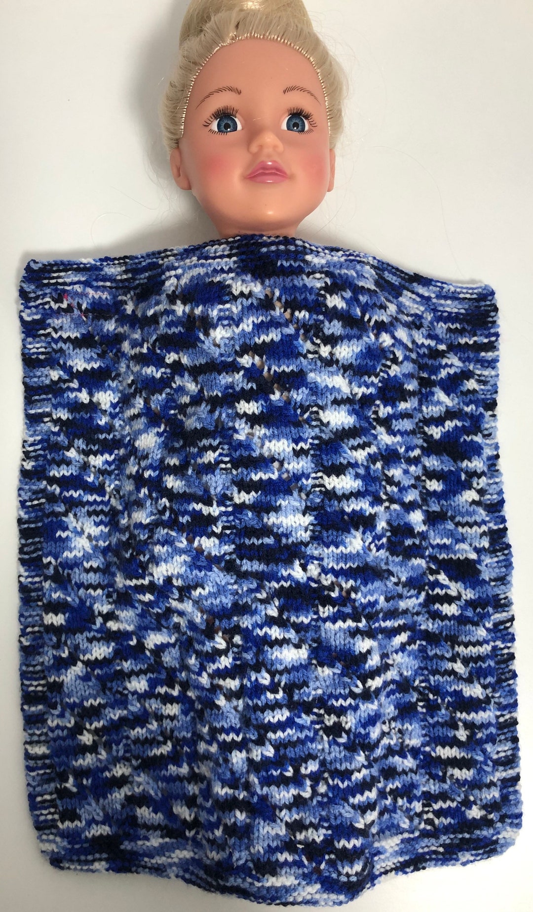 Blue and White Hand Knitted Doll Blanket Etsy