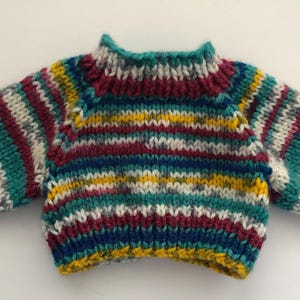 May include: A small, hand-knitted sweater in a variety of colors, including teal, burgundy, yellow, and white. The sweater has a high neck and long sleeves. The sleeves and bottom hem are a darker blue. The sweater is approximately 10 inches wide.