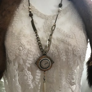 Vintage Watch Face Necklace/Pearls/Glass Beads/Rhinestone Rondelles