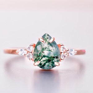 Amazing Moss Agate Engagement Ring, 14K Solid Gold Pear Cut Moss Agate Bridal Wedding Statement ring, Solitaire Ring Jewelry For Mother love