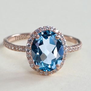 Halo Swiss Blue Topaz Engagement Ring, 14K Solid Gold Topaz Statement Wedding Solitaire Ring for Women, Anniversary Jewelry Gift for mother