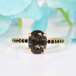 Vintage Black Rutilated Quartz Minimalist Engagement Ring, 14K Rose Gold Oval Rutile Quartz Ring for Women Art Deco Engagement Gifts