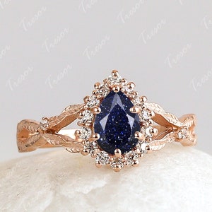 Unique Blue sandstone Ring, 14K Solid Rose Gold Blue Sandstone Engagement Ring, One of a Kind Pear shape Sandstone Ring Mother Daughter Gift