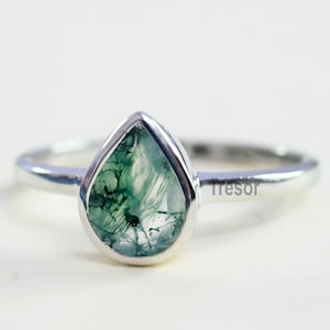 Beautiful Moss Agate Engagement Ring, Pear Shape Agate Bridal Wedding Statement Rings For Women, Unique Personalized Ring Gift For Mother