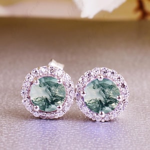 Brincos de pino de ágata musgo incríveis, brincos de ágata verde com corte redondo para casamento, brincos de pino de prata feitos à mão para aniversário de noivado e presente para mãe