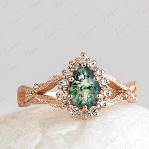 Pear Shape Moss Agate Engagement ring, 14K Solid Gold agate Bridal wedding Statement ring Jewelry Twisted Leaf Band Anniversary gift for Mom