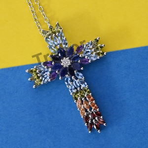 Handmade Multi Gemstones Cross Pendant, Marquise cut Rainbow Holy Cross Pendant Bridal Jewelry, 925 Sterling Silver Pendant Gift for Mother
