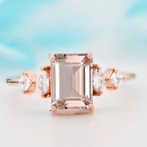 Emerald Cut Morganite Engagement Ring, Handmade 14k Solid Rose Gold Morganite bridal wedding Statement Ring, Anniversary Gift for mother Her