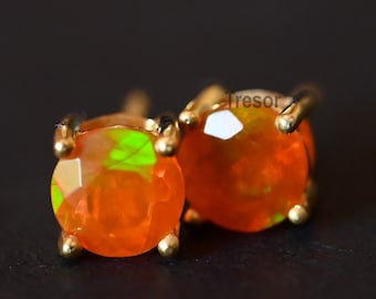 Vintage vuuropaal oorknopjes, rond geslepen oranje opaal bruidshuwelijksoorbellen, sterlingzilveren stud jubileum verlovingscadeau voor moeder