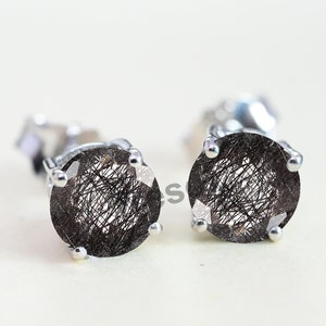 Unique Black Rutilated Quartz Stud Earrings, Round cut Natural Rutile Quartz Bridal wedding Earring, Anniversary engagement Gifts for Mother