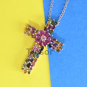 Multi Tourmaline Cross Pendant, Tourmaline Pendant Bridal Wedding Anniversary Gift 925 Sterling Silver Pendant Christmas Gift for Mother her