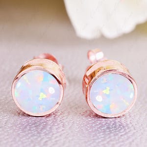 Round Cut White Opal Stud Earrings, Rainbow Opal Bridal wedding Earrings, Handmade Anniversary Engagement Earrings Gifts for Mother Wife.