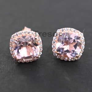 14K Cushion Cut Morganite Stud Earrings, Peach Morganite Bridal wedding Earrings, Silver Stud Anniversary engagement Gift for Mother Wife