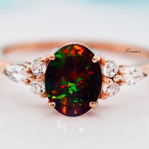 14K Solid Gold Black Opal Ring Engagement Ring, Unique Opal Bridal Wedding Statement Rings for Women, Vintage Anniversary Gifts for mother