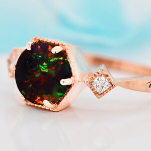 Handmade Vintage Minimal black opal Diamond Engagement Ring, unique Round Diamond Ring For Women,Black Diamond Ring Gift For Mother and wife