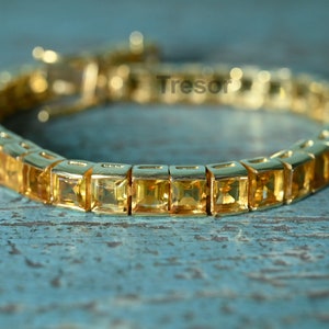 Pulsera de tenis de citrino de corte cuadrado, engaste en bisel, pulsera de eslabones de cadena de citrino única, regalos de boda para novias, regalos de aniversario para madre, esposa y ella
