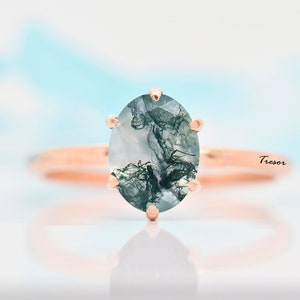14K Solid Gold Moss Agate Engagement ring, Minimal Oval cut Moss Agate Bridal Wedding Ring Gift For Women, Statement Ring for Mother ArtDeco