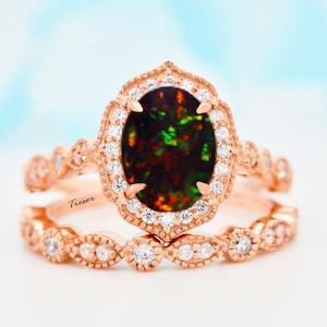 Antique 14K Solid Gold Black Opal Engagement Ring Set, Vintage Opal Bridal Wedding Statement Rings for Women, Anniversary Gifts for mother