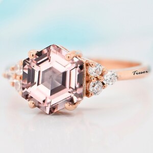 Vintage Morganite Engagement Ring, Handmade 14k Solid Rose Gold Morganite bridal wedding Statement Ring, Anniversary Gifts for mother Wife