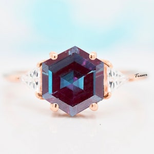 Hexagon Alexandrite Engagement Ring , 14K Rose Gold Alexandrite Bridal Wedding Ring For Women, Anniversary Gift for Mother Solitaire Ring