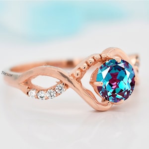Twisted Band Alexandrite Engagement Ring, Rose Gold Alexandrite Bridal Wedding Rings For Women, Anniversary Gifts For Mother, Solitaire Ring