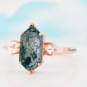 Unique Moss Agate Engagement Ring, 14K Solid Gold Hexagon cut Agate Bridal Wedding Promise Ring jewelry, Statement ring Gift For Mother Wife