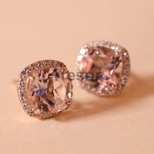 Cushion Cut Minimal Morganite Stud Earrings, Peach Morganite Bridal wedding Earrings, Silver Stud Anniversary engagement Gift for Mother her