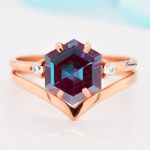 Hexagon Alexandrite Engagement Ring Set, 14K Rose Gold Alexandrite Bridal Wedding Ring For Women, Anniversary Gift for Mother Solitaire Ring
