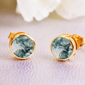 Moss Agate Stud Earrings, Round cut Bezel Set Green Agate Bridal wedding Earrings, Sterling Silver Stud Anniversary engagement Gift for Love