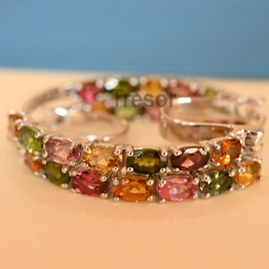 Multi Gemstone Hoop Earrings, Oval cut Multi Gemstone Earring,Sterling Silver Hoop Earrings Anniversary engagement Gift for Mother Wife Love