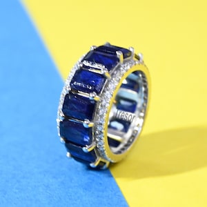 Natural Blue Sapphire Wedding Band, 14K Solid Gold Sapphire Statement Matching Band Rings For Women Handmade Full eternity Band For Mother