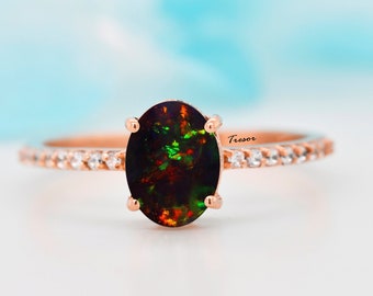 Handmade Black Opal Engagement Ring, 14K Solid Gold Opal Statement Ring, Opal Wedding Promise Rings for Women, Anniversary Gift for mother