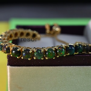 Natural Black Opal Bolo Bracelet, Chain Link Bracelet Bridal Wedding Gift Anniversary Gift Black Opal Dainty Bracelet, Gifts For Mother love