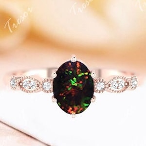 14K Solid Gold Black Opal Ring, Vintage Black Opal Engagement Ring, Antique Opal Wedding Rings for Women, Anniversary Gifts for mother love