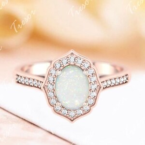 14K Rose Gold Halo Opal Verlobungsring, Einzigartige Oval geschnitten Regenbogen Opal Braut Eheringe für Frauen, Minimale Jahrestag Geschenke für Mutter