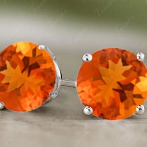 Unique Fire Opal Stud Earrings, Round cut Orange Opal Bridal wedding Earrings, Sterling Silver Stud Anniversary engagement Gift for Mother