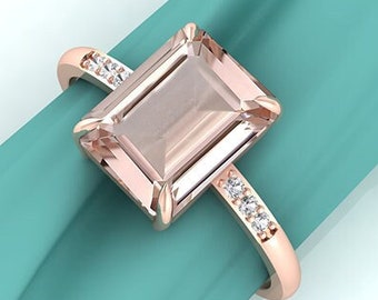 Emerald Cut Morganite Engagement Ring, 14k Solid Rose Gold Natural Morganite bridal wedding Statement ring, Anniversary Gift for mother Wife