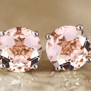 Amazing Morganite Stud Earrings, Round cut Natural Morganite Bridal wedding Earrings Jewelry, Silver Stud Anniversary Gift for Mother Wife