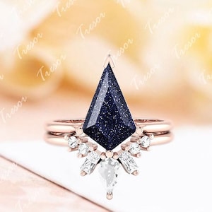 14K Solid Rose Gold Blue Sandstone Ring, Kite Shape Blue sandstone Engagement Ring set, Sandstone wedding Ring Personalized Gifts Mother Her
