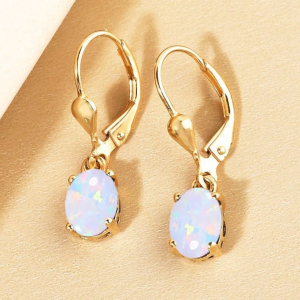 Rainbow Opal Dangle Drop Boucles d’oreilles, Boucles d’oreilles Opale blanche coupe ovale, Cadeau de fiançailles anniversaire En argent sterling pour le dos de levier Mother Opal